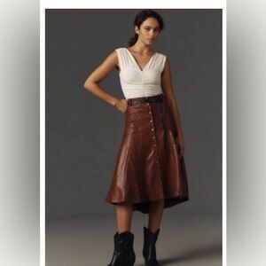 Pilcro Chestnut Leather Midi Skirt